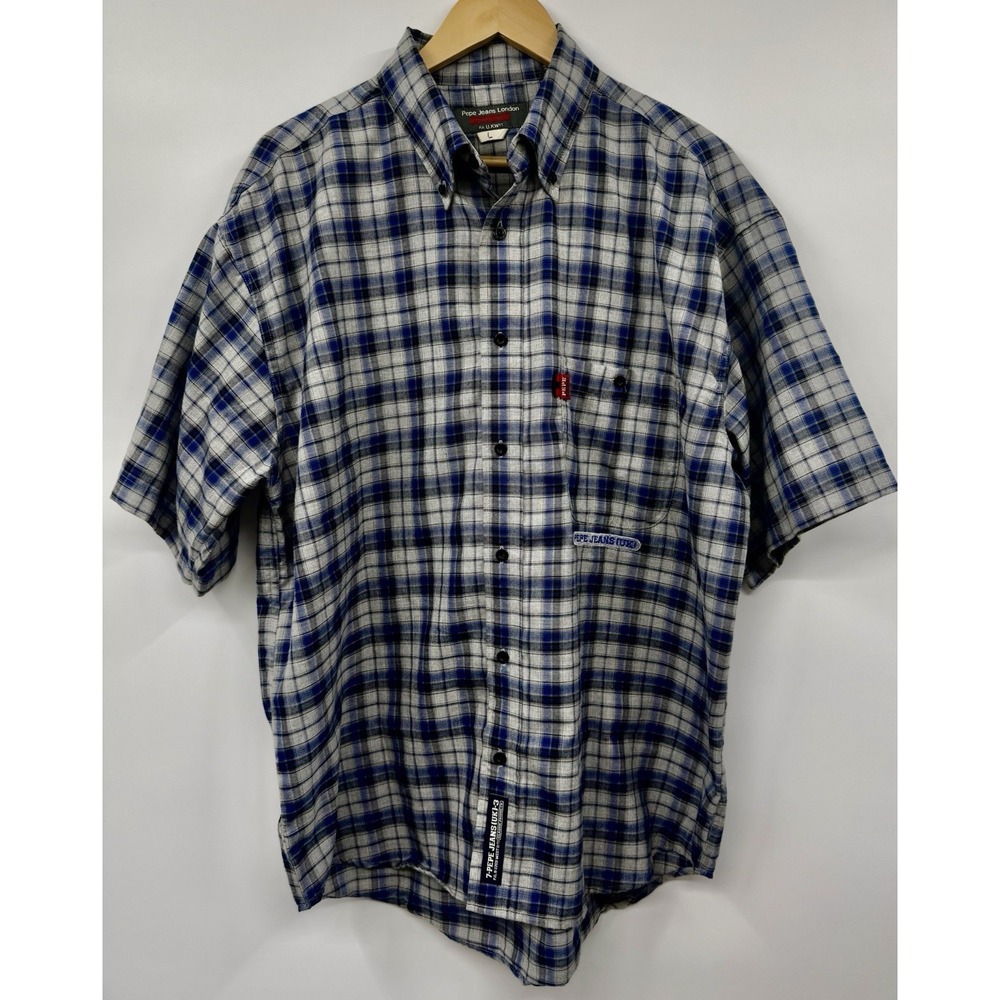 Pepe Jeans London W11-73 Mens Embroidered Button Down Plaid Shirt LG VTG 90s EUC